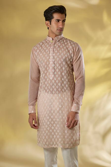 Buy_Rabani & Rakha_Pink Silk Sequins, Embroidery Blush Thread Kurta Set _Online_at_Aza_Fashions