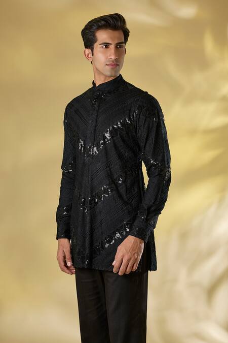 Rabani & Rakha_Black Silk Sequins, Embroidery Thread Work Kurta Set _Online_at_Aza_Fashions