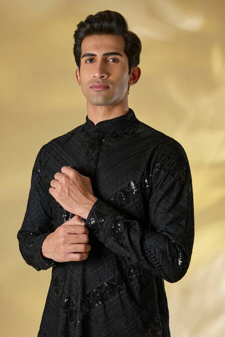 Buy_Rabani & Rakha_Black Silk Sequins, Embroidery Thread Work Kurta Set _Online_at_Aza_Fashions