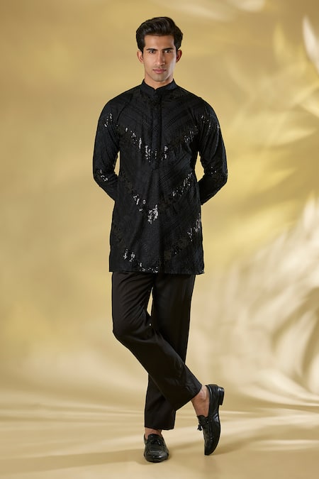Rabani & Rakha Black Sequin Thread Work Kurta Set 