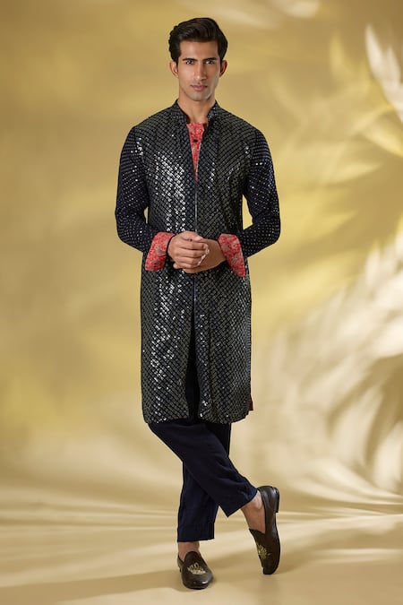 Rabani & Rakha Dark Blue Sequined Kurta Set 
