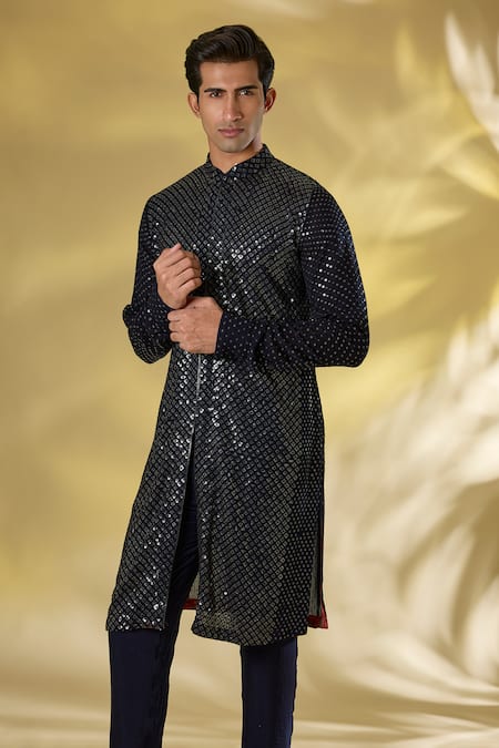 Buy Rabani & Rakha Blue Georgette Sequins Dark Kurta Set Online at Aza Fashions Buy_Rabani & Rakha_Blue Georgette Sequins Dark Kurta Set _Online_at_Aza_Fashions