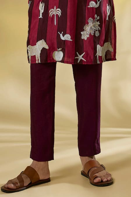 Rabani & Rakha_Wine Silk Embroidery, Zari Thread Kurta Pant Set _Online_at_Aza_Fashions