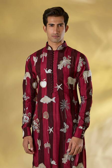 Buy_Rabani & Rakha_Wine Silk Embroidery, Zari Thread Kurta Pant Set _Online_at_Aza_Fashions