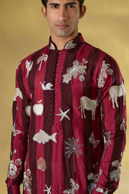 Shop_Rabani & Rakha_Wine Silk Embroidery, Zari Thread Kurta Pant Set _Online_at_Aza_Fashions