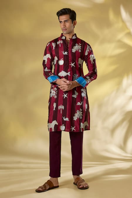 Rabani & Rakha Wine Silk Thread Zari Kurta Pant Set 