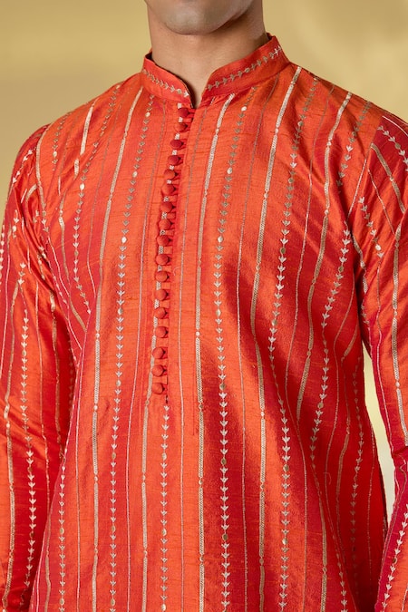 Buy_Rabani & Rakha_Orange Silk Zari Work Kurta Set _Online_at_Aza_Fashions