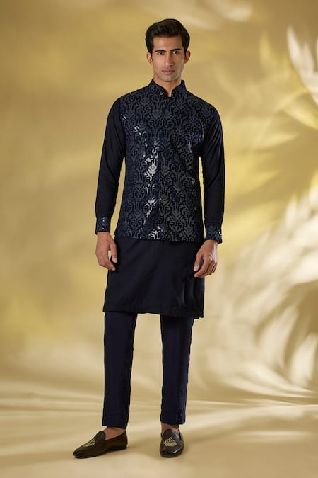 Rabani & Rakha Dark Blue Sequined Bundi Kurta Set 