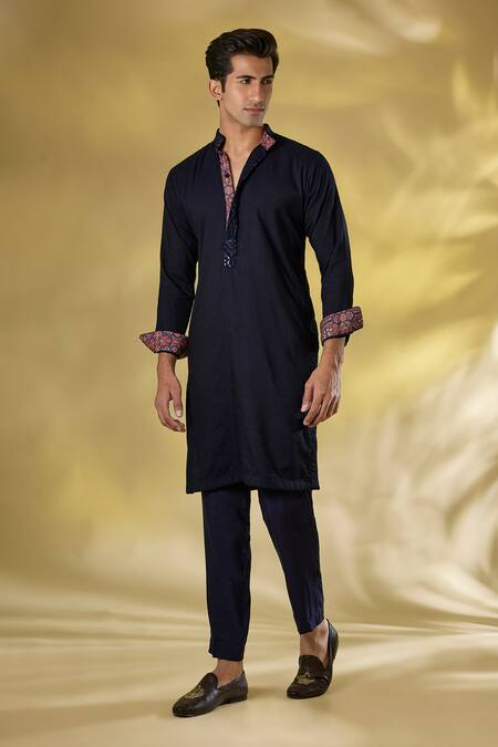 Buy_Rabani & Rakha_Blue Silk Sequins Dark Bundi Kurta Set _Online_at_Aza_Fashions