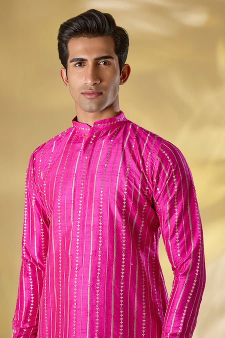 Rabani & Rakha_Pink Silk Zari Work Rani Kurta Set _Online_at_Aza_Fashions