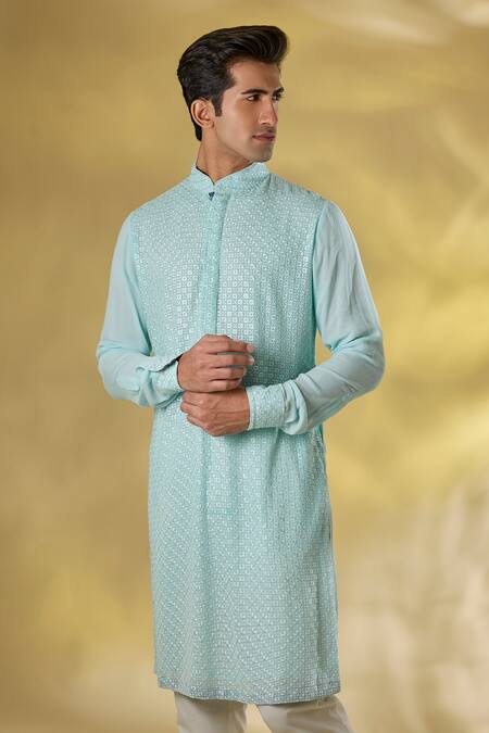 Rabani & Rakha_Sky Blue Georgette Sequins, Embroidery Thread Kurta Set _Online_at_Aza_Fashions