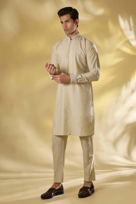 Buy_Rabani & Rakha_Beige Silk Embroidery, Sequins Thread And Bundi Kurta Set _Online_at_Aza_Fashions