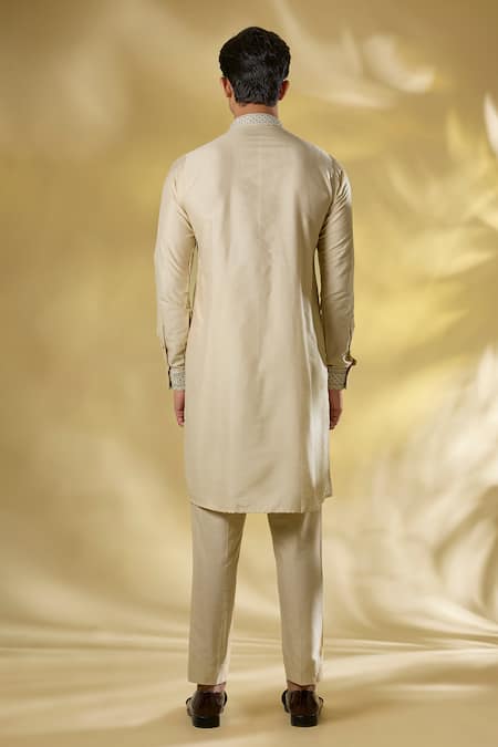 Shop_Rabani & Rakha_Beige Silk Embroidery, Sequins Thread And Bundi Kurta Set _Online_at_Aza_Fashions