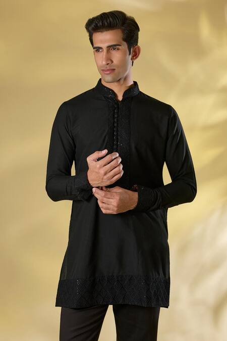 Buy_Rabani & Rakha_Black Silk Sequins, Embroidery Thread And Bundi Kurta Set _Online_at_Aza_Fashions