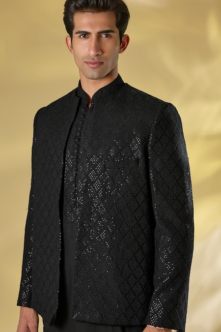 Rabani & Rakha_Black Silk Sequins, Embroidery Thread And Bundi Kurta Set _at_Aza_Fashions