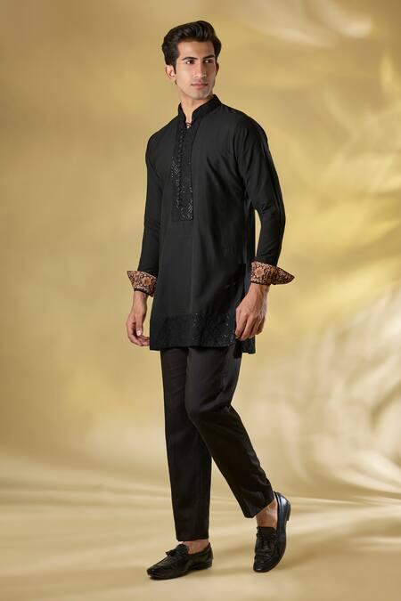 Buy_Rabani & Rakha_Black Silk Sequins, Embroidery Thread And Bundi Kurta Set 