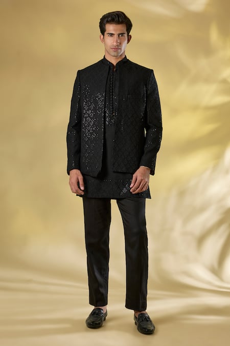 Rabani & Rakha Black Silk Thread & Sequin Bundi Kurta Set 