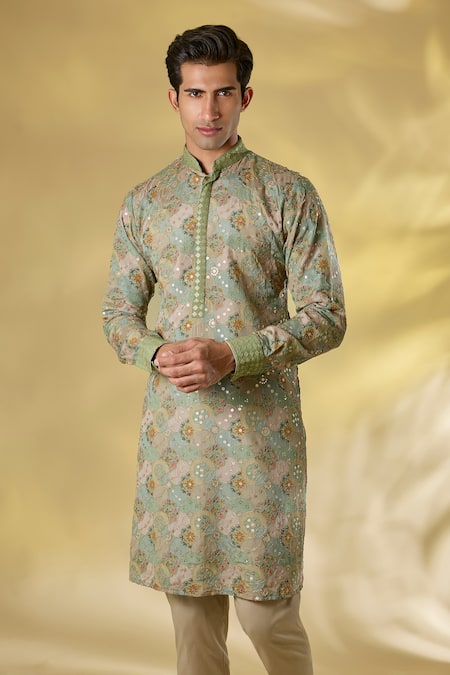 Rabani & Rakha Green Silk Sequins Sage Designer Kurta Set Online at Aza Fashions Rabani & Rakha_Green Silk Sequins Sage Designer Kurta Set _Online_at_Aza_Fashions