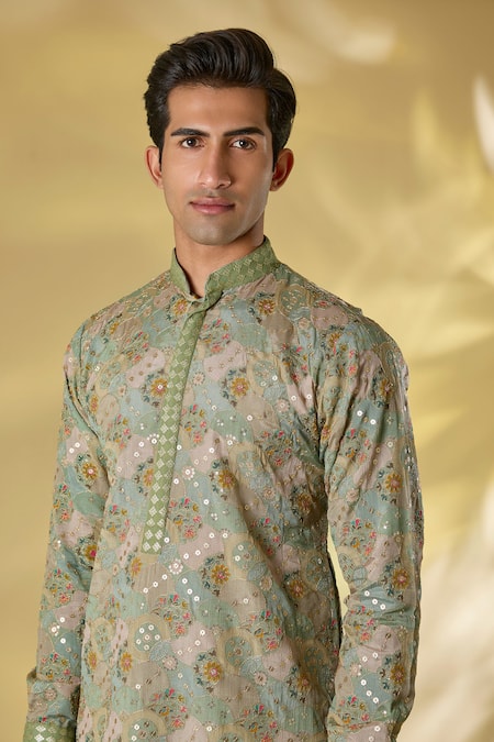 Buy Rabani & Rakha Green Silk Sequins Sage Designer Kurta Set Online at Aza Fashions Buy_Rabani & Rakha_Green Silk Sequins Sage Designer Kurta Set _Online_at_Aza_Fashions
