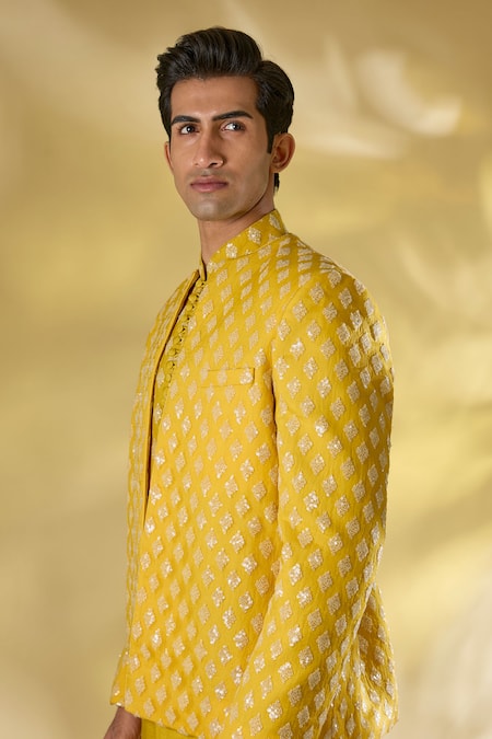 Rabani & Rakha_Yellow Silk Sequins, Embroidery Thread And Kurta Set _Online_at_Aza_Fashions