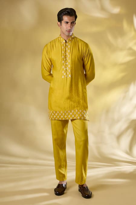 Buy_Rabani & Rakha_Yellow Silk Sequins, Embroidery Thread And Kurta Set _Online_at_Aza_Fashions