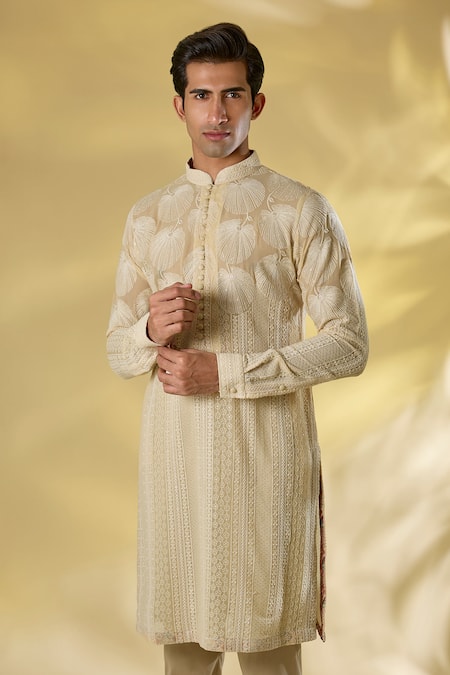 Buy_Rabani & Rakha_Cream Georgette Embroidery Thread Work Kurta Set _Online_at_Aza_Fashions