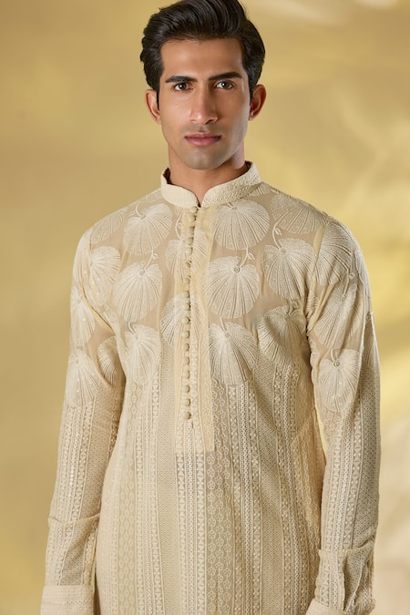 Shop_Rabani & Rakha_Cream Georgette Embroidery Thread Work Kurta Set _Online_at_Aza_Fashions