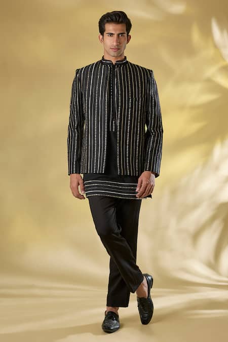 Rabani & Rakha Black Zari Work Jacket & Kurta Set 