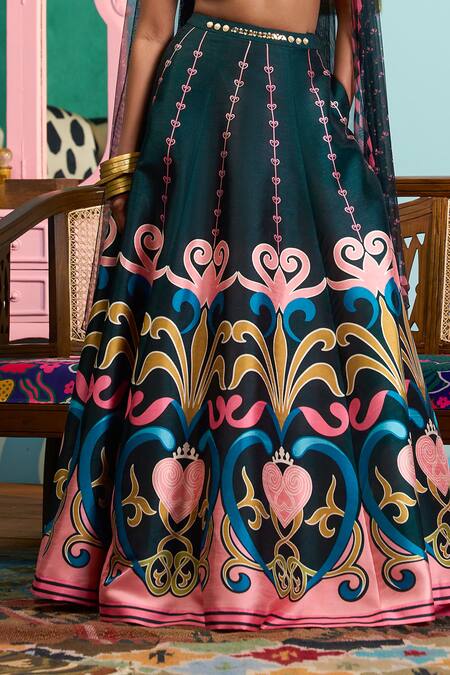 Papa Don't Preach_Green Silk Embroidery V-neck Printed Raw Lehenga Set _Online_at_Aza_Fashions