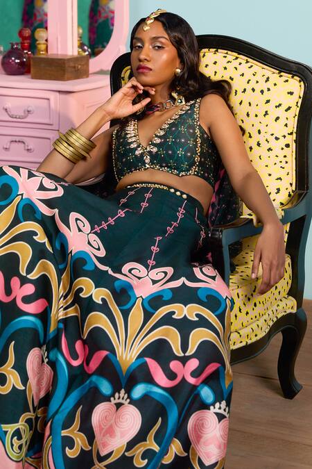 Buy_Papa Don't Preach_Green Silk Embroidery V-neck Printed Raw Lehenga Set _Online_at_Aza_Fashions