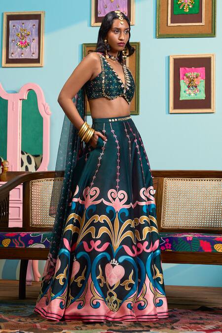 Papa Don't Preach_Green Silk Embroidery V-neck Printed Raw Lehenga Set _at_Aza_Fashions
