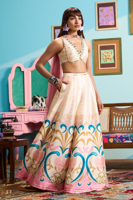 Papa Don't Preach_Ivory Silk Beads, Sequins, Embroidery V-neck Printed Lehenga Set _Online_at_Aza_Fashions