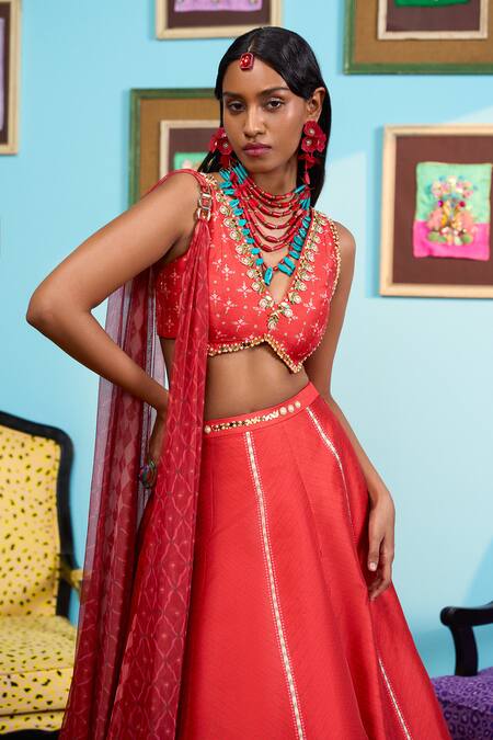 Buy_Papa Don't Preach_Red Silk Beads, Sequins V-neck Printed Raw Lehenga Set _Online_at_Aza_Fashions