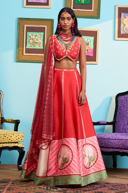 Shop_Papa Don't Preach_Red Silk Beads, Sequins V-neck Printed Raw Lehenga Set _Online_at_Aza_Fashions