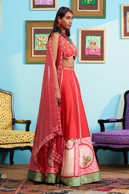 Papa Don't Preach_Red Silk Beads, Sequins V-neck Printed Raw Lehenga Set _at_Aza_Fashions
