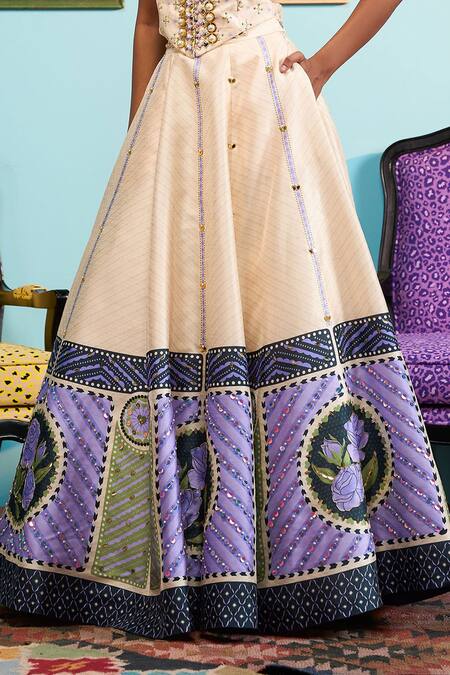 Papa Don't Preach_Ivory Silk Embroidery V-neck Printed Raw Lehenga And Waistcoat _Online_at_Aza_Fashions