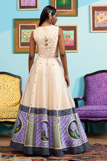 Papa Don't Preach Ivory Printed Raw Silk Lehenga & Waistcoat 