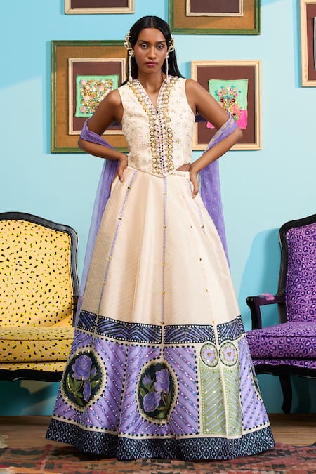Papa Don't Preach Ivory Printed Raw Silk Lehenga & Waistcoat 