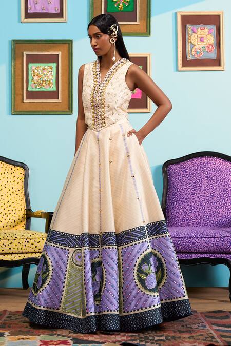Shop_Papa Don't Preach_Ivory Silk Embroidery V-neck Printed Raw Lehenga And Waistcoat _Online_at_Aza_Fashions