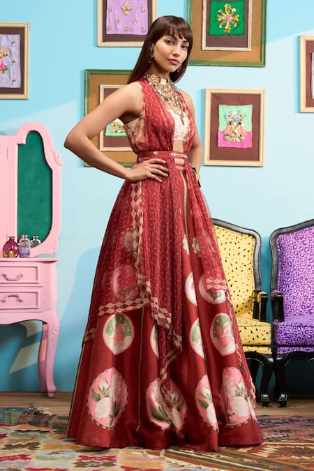 Buy_Papa Don't Preach_Red Silk Beads, Sequins Square , Open Printed Raw Lehenga Set _Online_at_Aza_Fashions