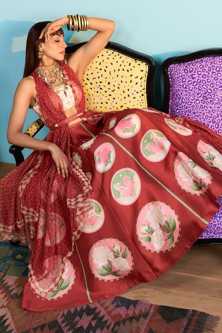 Papa Don't Preach_Red Silk Beads, Sequins Square , Open Printed Raw Lehenga Set _at_Aza_Fashions