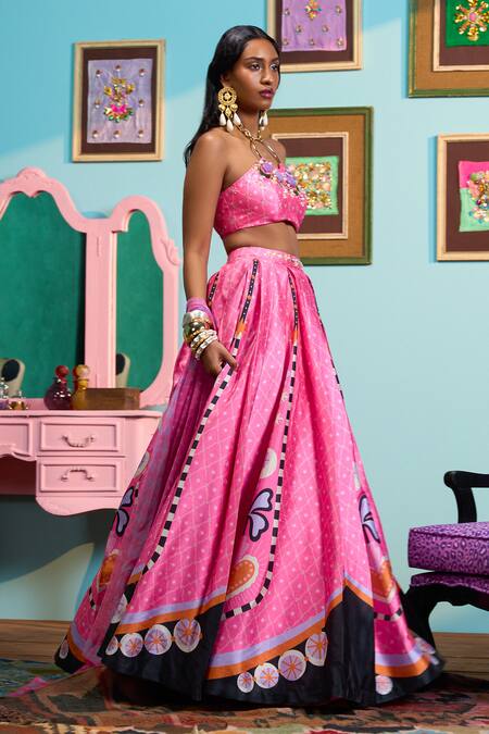 Papa Don't Preach_Pink Silk Sequins, Embroidery Round Neck Printed Raw Lehenga Set _Online_at_Aza_Fashions
