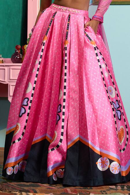 Shop_Papa Don't Preach_Pink Silk Sequins, Embroidery Round Neck Printed Raw Lehenga Set _Online_at_Aza_Fashions