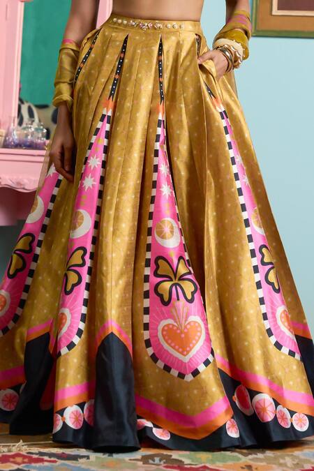 Papa Don't Preach_Yellow Silk Sequins Round Neck Mustard Printed Lehenga Set _Online_at_Aza_Fashions