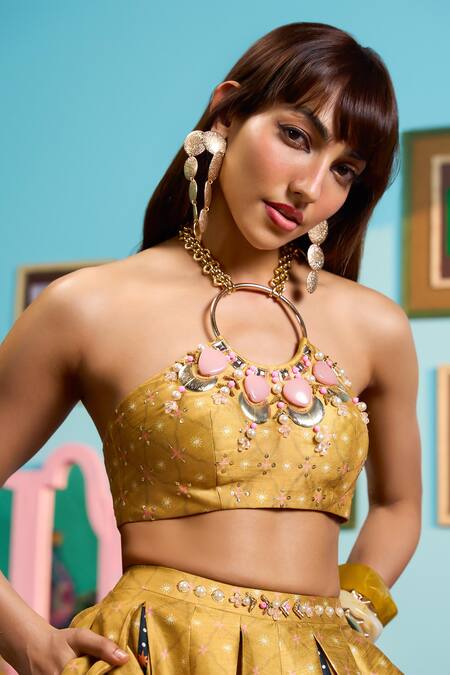 Buy_Papa Don't Preach_Yellow Silk Sequins Round Neck Mustard Printed Lehenga Set _Online_at_Aza_Fashions