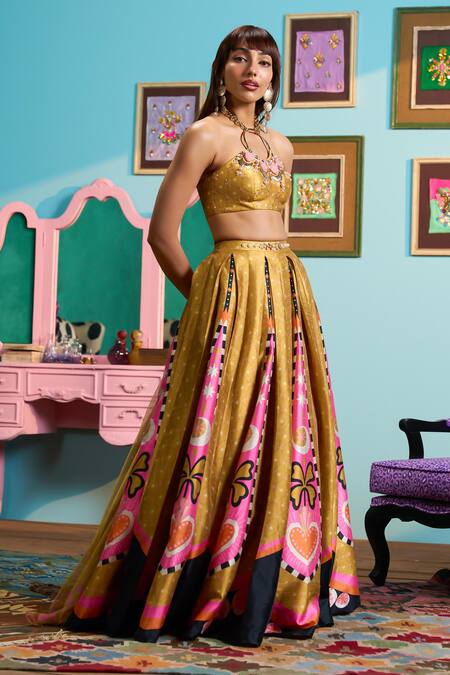 Shop_Papa Don't Preach_Yellow Silk Sequins Round Neck Mustard Printed Lehenga Set _Online_at_Aza_Fashions