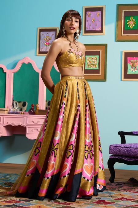 Papa Don't Preach_Yellow Silk Sequins Round Neck Mustard Printed Lehenga Set _at_Aza_Fashions