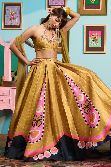 Buy_Papa Don't Preach_Yellow Silk Sequins Round Neck Mustard Printed Lehenga Set 