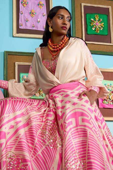 Papa Don't Preach_Pink Silk Sweetheart Neck Printed Raw Lehenga And Blouse Set _Online_at_Aza_Fashions