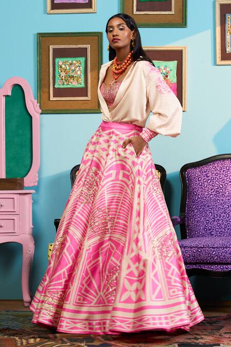 Buy_Papa Don't Preach_Pink Silk Sweetheart Neck Printed Raw Lehenga And Blouse Set _Online_at_Aza_Fashions